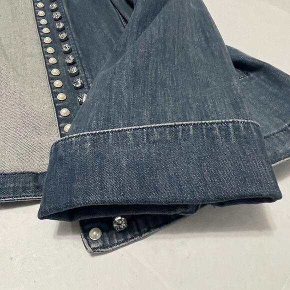 Chicos Platinum Denim Jacket Womens 3 Embellished Open Front Cuff Sleeves Pearls - Picture 5 of 10